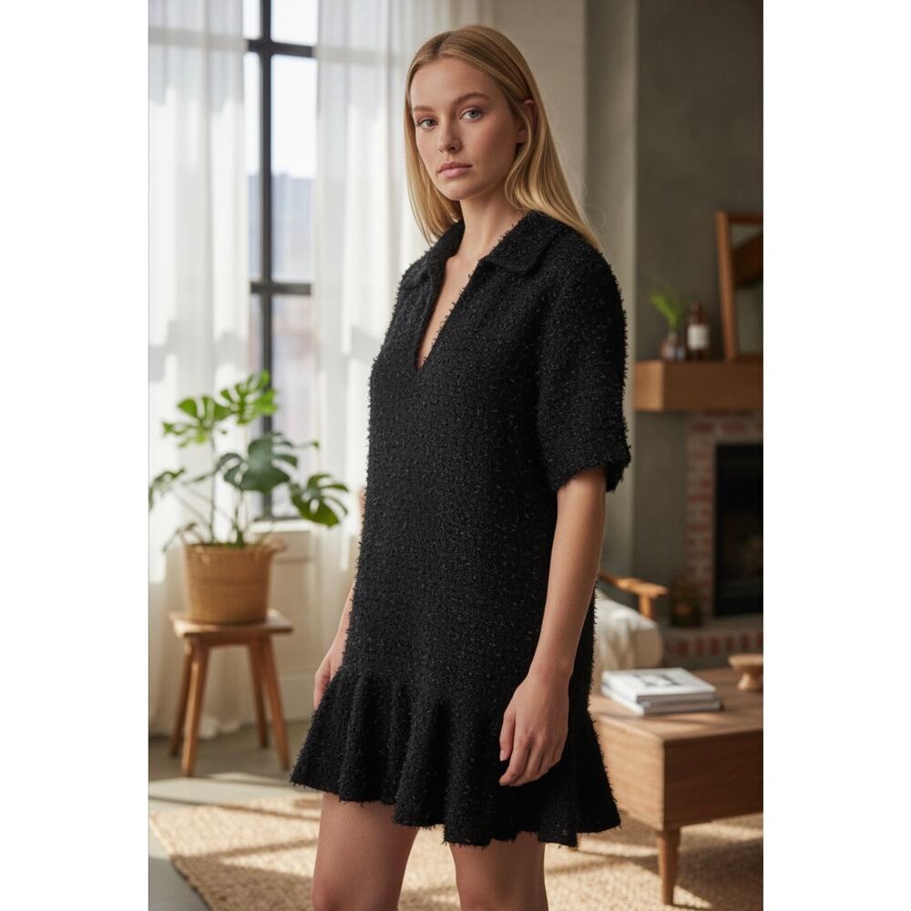 Anthropologie Mable Black Textured Short Sleeve Mini Dress Ruffle Hem Size M NWT